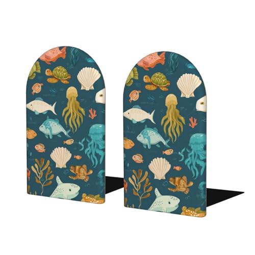 Cartoon Sea Animal Plants Wooden Bookends for Shelves Decorative Book Ends Universal Book Organizer Holder for Office, Heavy Books, Vinyl Records - color: Cartoon Sea Animal Plants