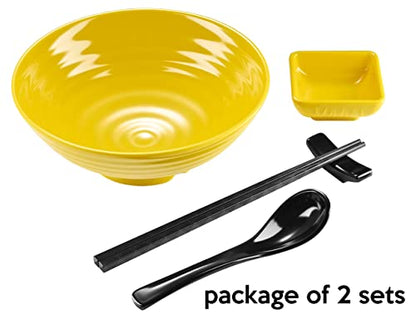 Unbreakable Ramen Bowl Set with Chopsticks and Spoon: 2 large Japanese Style Melamine Ramen Bowls, Dipping Bowls and Chopstick Stands for Asian Pho Soup Thai Miso Udon Wonton (2 Bowl Set, Yellow) - color: Yellow, size: 2 Bowl Set
