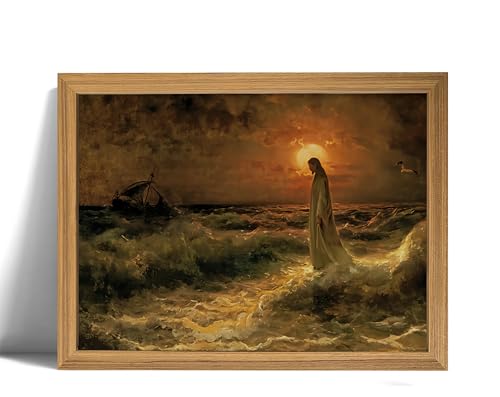 Framed Religious Wall Art Ocean Canvas Painting Inspirational Decor 16x24in | Bring peaceful coastal atmosphere to your space with vintage style painting prints ready to hang for bedroom bookshelf decor - color: Jesus ocean, size: 24"L x 16"W