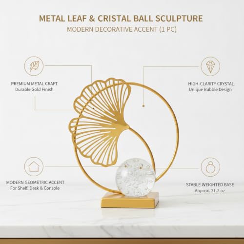 for Shelf, Desk, or Console Table Display: Modern Geometric Metal Leaf and Crystal Ball Sculpture Accent (1 PC) - size: 3.15 x 3.15 x 5.91 in