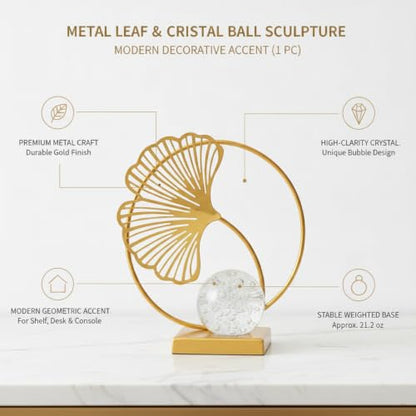 for Shelf, Desk, or Console Table Display: Modern Geometric Metal Leaf and Crystal Ball Sculpture Accent (1 PC) - size: 3.15 x 3.15 x 5.91 in
