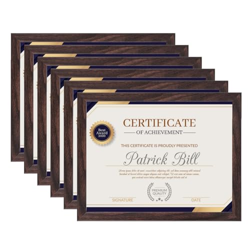 8.5x11 Picture Frame Set of 6, Certificate Document Frame, Diploma Frame, Display Pictures 6x8 with Mat or 8.5x11 Without Mat, Brown - color: Brown, size: 8.5x11