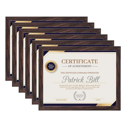 8.5x11 Picture Frame Set of 6, Certificate Document Frame, Diploma Frame, Display Pictures 6x8 with Mat or 8.5x11 Without Mat, Brown - color: Brown, size: 8.5x11
