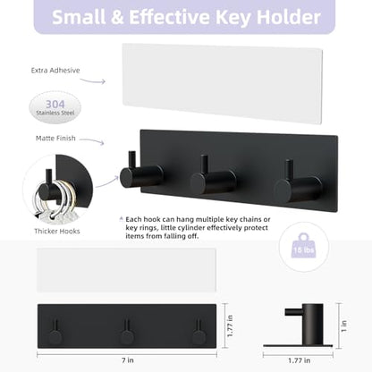 VIS'V Key Holder Wall Mount, Small Adhesive Key Hanger with 3 Hooks, Black | Metal Material, No Drilling, Extra Adhesive Strip, Suitable for Entryway, Hallway, Doorway, Kitchen, Garage, Camper - color: Black