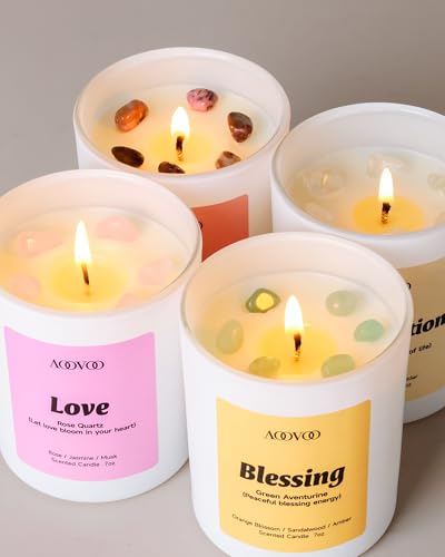 AOOVOO Healing Candles Set for Women - 4 Pack Soy Candles for Home Scented | Aromatherapy Candle with Crystals, Rhodonite Gratitude /Clear Quartz Appreciation /Aventurine Blessing /Rose Quartz Love - style: Healing Candles Set