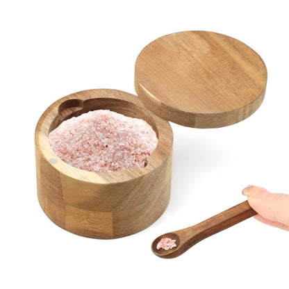 Saycker Wood Salt and Pepper Bowl, with Swivel Lid and Spoon Round Salt Container Spices Storage Box(7cm/2.76inch Dia) - color: S