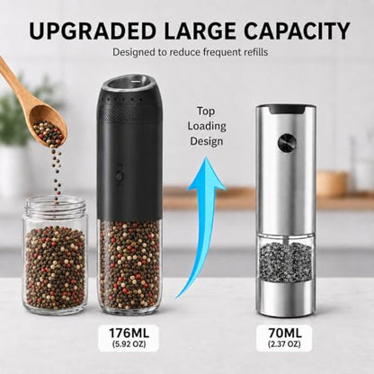 Gravity Electric Salt and Pepper Grinder Set, Rechargeable Automatic Mills with Charging Base, 6-Level Adjustable Coarseness, LED Light, Matte Black, 2-Pack