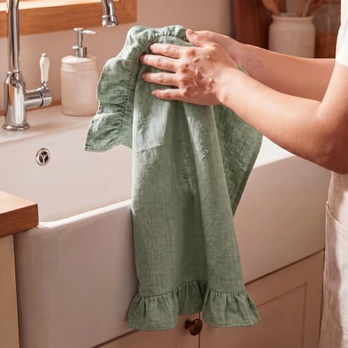 HunnmingRe Sage Green Kitchen Towels Set of 2, 100% Cotton Retro Ruffled Dish Towels 18"x28" Absorbent Tea Cloths for Farmhouse Charm, Drying Dishes, Entertaining Guests - color: Sage Green, style: Retro