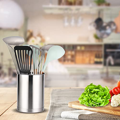 Stainless Steel Utensil Holder for Counter(2Pack), Brushed Silver Drying Metal Utensil Crock Canister for Cooking Utensils on Countertop, with Heavy Base, Dishwasher Safe, Silver