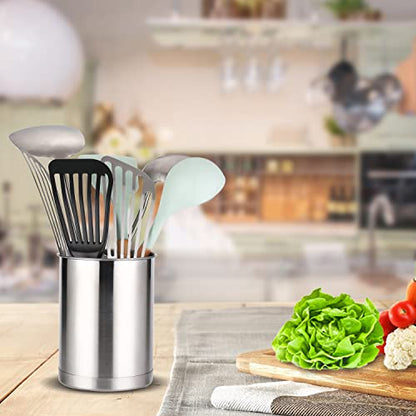 Stainless Steel Utensil Holder for Counter(2Pack), Brushed Silver Drying Metal Utensil Crock Canister for Cooking Utensils on Countertop, with Heavy Base, Dishwasher Safe, Silver