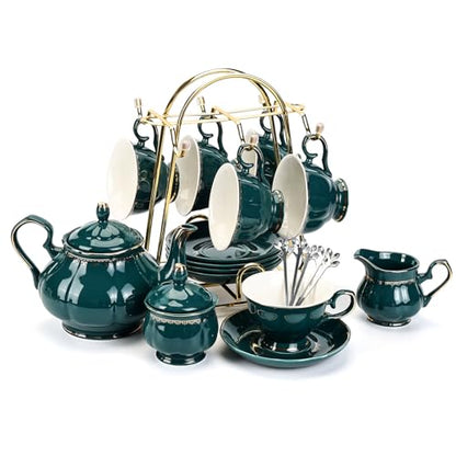 CHENP.HMC Tea Set 22-Piece Porcelain Ceramic Coffee Tea Sets Cups Saucer Service for 6 Teapot Sugar Bowl Creamer Pitcher and Teaspoons Porcelain Tea Set (Dark Green) - color: Dark Green
