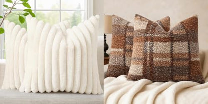 decorUhome Faux Fur Throw Pillow Covers 18x18 Set of 2, Boucle Plaid Check Faux Fur Throw Pillow Covers 18x18 Inch Set of 2, Autumnal