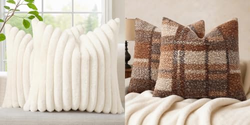 decorUhome Faux Fur Throw Pillow Covers 18x18 Set of 2, Boucle Plaid Check Faux Fur Throw Pillow Covers 18x18 Inch Set of 2, Autumnal