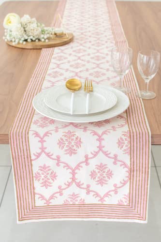 Lotus & Ivory Pink Coffee Table Runners (100% Cotton, Damask Hand Block Print, 14x48 inch, Pack of 1) Fabric Lined | Properly Finished | for Home, Kitchen, Dining Room, Holiday, Wedding Party Décor