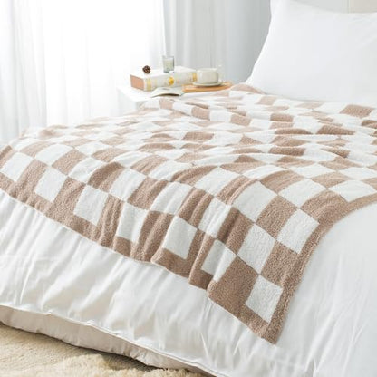 Carriediosa Checkered Throw Blanket 50x60, 400GSM Ultra Soft Microfiber | Taupe, Fuzzy Fluffy Cozy Plush Knit Knitted Plaid Checker, Lightweight Cute Preppy Fall Blankets & Throws for Couch, Bed - color: Check - Taupe, size: 50" X 60"