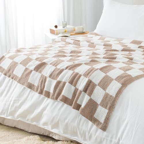 Carriediosa Checkered Throw Blanket 60x80, 400GSM Ultra Soft Microfiber | Taupe, Fuzzy Fluffy Cozy Plush Knit Knitted Plaid Checker, Lightweight Cute Preppy Fall Blankets & Throws for Couch, Bed - color: Check - Taupe, size: 60" X 80"