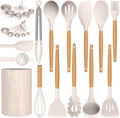 Silicone Cooking Utensils Set - AVGPD Silicone Kitchen Utensils for Cooking Wooden Handles, 446°F Heat Resistant Kitchen Utensil Spatula Sets w Holder, Gadgets for Non-Stick Cookware BPA FREE (Khaki) - color: Khaki
