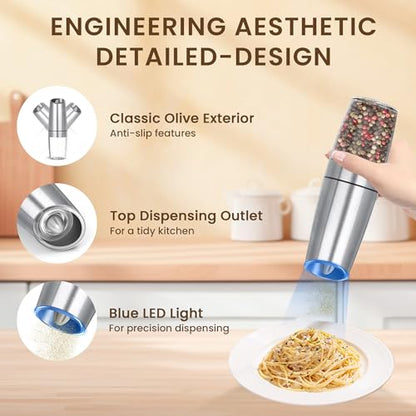 Battery Gravity Salt Pepper Grinder Set, 2 Pack (Silver) | Gravity Automatic Grinder With LED Light & Adjustable Roughness, Each Requires 6 AAA Batteries For Kitchen Daily Seasoning - color: Battery/Set/Silver