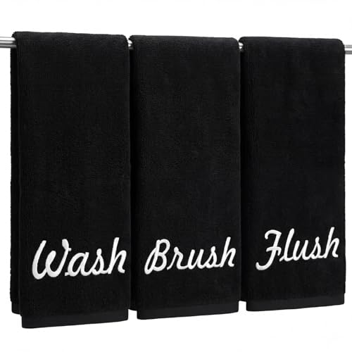 Peryiter 3 Pcs Farmhouse Decorative Hand Towels, Brush Wash Flush, Black | Suit for Bathroom Kitchen 13.8" x 29.5" Rustic Embroidered 100% Cotton Bath Towels Set for Boho Bathroom Decor Gifts - color: Black, style: Brush Wash Flush