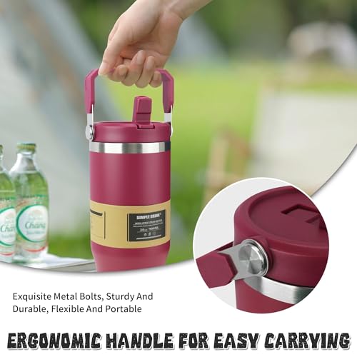 30oz Flip Straw Insulated Water Bottle with Handle, Leak Proof Stainless Steel Travel Tumbler With Lid, Double Wall Vacuum Iced Coffee Travel Mug, Sport Cup, Outside use - color: WineRed