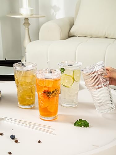 Ribbed Glass Tumbler Set of 4-20oz Coffee Tumbler with Lids and Straws - Leakproof Inverted for Iced Coffee, Smoothies & Cocktails - Glasses Drinking Set & Drinking Cups Durable Glassware