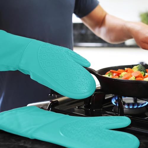 BPA-Free Soft Silicone Oven Mitts - Ultra Heat Resistant Oven Mitts with Thick Cotton Liner - Long Slip Resistant Pot Holders, Flexible Oven Gloves - Turquoise 13.7" - color: Turquoise, size: 2-Piece 13.7" Oven Mitts