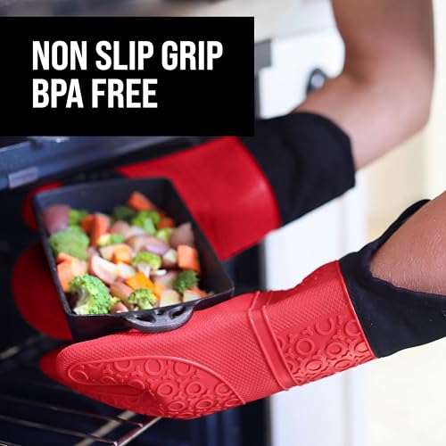 BPA-Free Soft Silicone Oven Mitts - Ultra Heat Resistant Oven Mitts with Thick Cotton Liner - Extra Long Slip Resistant Pot Holders, Flexible Oven Gloves - color: Canyon Red, size: 2-Piece 14.7" Oven Mitts