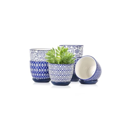 Selamica Ceramic Succulent Pots, 3.5 Inch Small Plant Pots for Indoor Plants Cactus Herbs, Succulent Planters with Drainage Holes & Saucers, Home Decor, Set of 6, Vintage Blue - color: Vintage Blue, size: 3.5 Inch, Set of 6