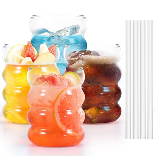 Ribbed Drinking Glass Cups with Glass Straws Set of 4, 10 oz Aesthetic Iced Coffee Glasses, Bubble Glasses Drinking Tumbler, Ribbed Glassware, Beer Glasses for Coctail, Soda, Juice | Aesthetic Clear Glass Cups with Matching Glass Straws, for Iced Coffee,