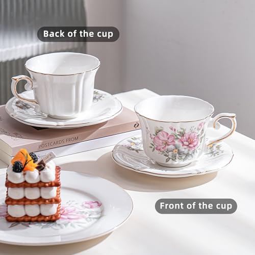 Ceramic Floral Cups with Saucers，7 oz Espresso Cups for Latte Coffee Cafe, Cappuccino and Tea (1, Pink flowers) - color: Pink Flowers