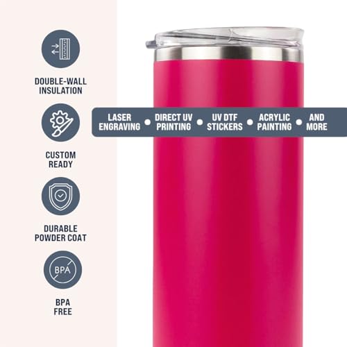 Hogg 20 oz Skinny - Hot Pink, Powder Coated Tumblers for Laser Engraving, Engravable Tumblers Bulk, Stainless Steel Cups Bulk, Insulated Cups with Lids - color: Hot Pink