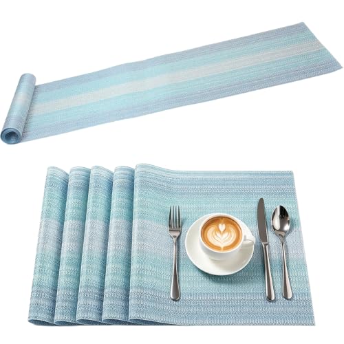 PVC Heat Resistant 6Table Mats Sets+1 tablecloths(Ombre Blue) | Easy to Clean Woven Table Mat, Colorful Modern Home, Wedding, Hotel Decoration - color: Ombre Blue