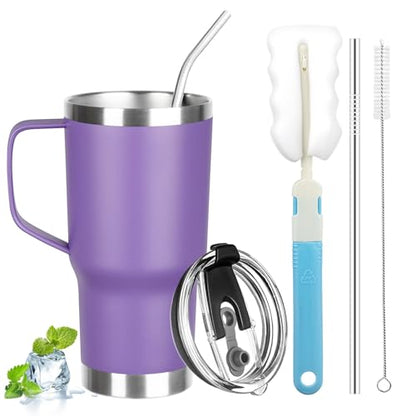 20 oz Tumbler with Handle, Stainless Steel Insulated Tumbler with Lid and Straw, Double Wall Vacuum Coffee Mug Tumbler, Insulated Coffee Thermal Cup for Cold and Hot (Purple) - color: Purple, size: 20 Ounces