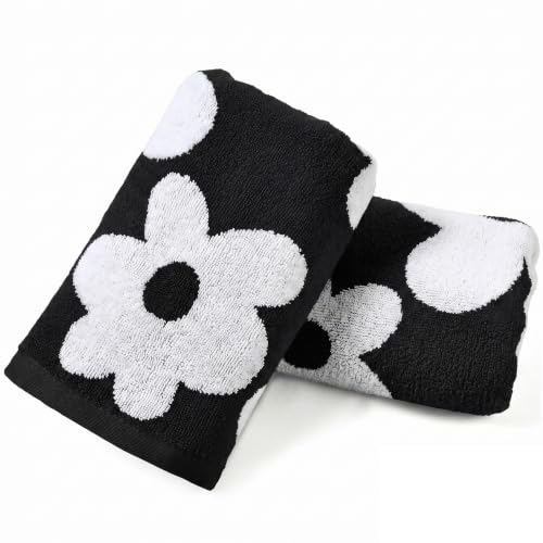 Jacquotha 2-Piece Black Floral Hand Towels for Bathroom, 13" x 29" | Cotton Absorbent for Spa Gym Travel Kitchen, Soft Quick Dry Texture - color: Black