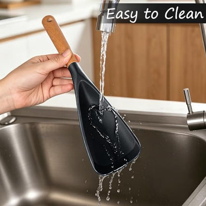 Cooking Spoon for Nonstick Cookwares, Multifunction Spatula Spoon, Great for Both Cooking and Serving, Wood Handle Spoon for Stirring, Mixing, Serving (2, BLACK) - color: Black