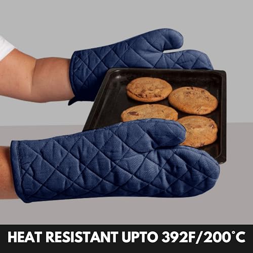 Oven Mitt (7"x13") & Pot Holder (8"x8") 100% Cotton Set of Heat Resistant Oven Gloves & Hot Pads for Gifts, BBQ, Cooking, Baking, Thanksgiving - Navy Blue - color: Navy Blue