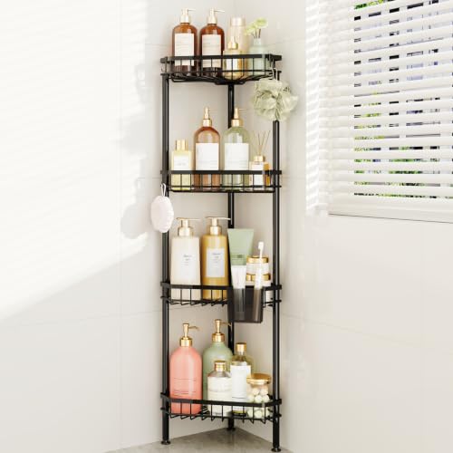Consumest Corner Shower Caddy Stand - Rustproof Bathroom Organizer&Storage | 4 Tier Shower Shelves for Inside Shower, Stainless Steel Corner Shelf with Soap Holder, 4 Hooks, Brush Holder, Black - color: Black, size: 4 Tier