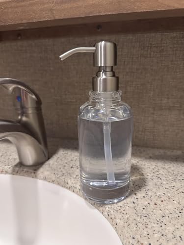 Clear Glass Soap Dispenser with Brushed Nickel Pump, 11 OZ Liquid Soap Dispenser Cylindrical with Stainless Steel Pump for Dish Hand Soap Bathroom Kitchen Vanity Countertop - color: Brushed Nickel, size: 11 oz