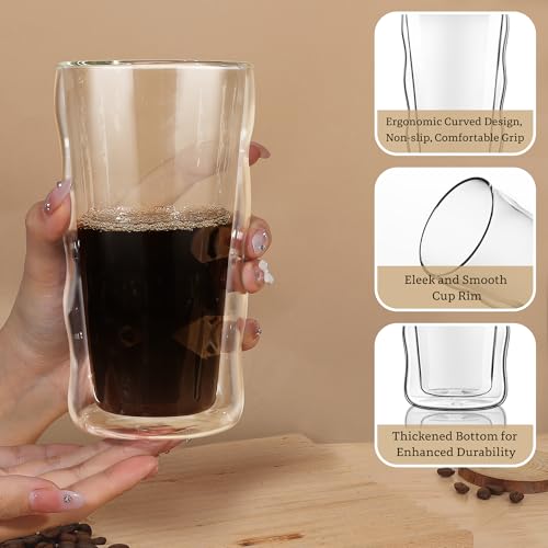 Joeyan Double Walled Insulated Tumbler,15 oz Beer Cocktail Glass Cups Highball Drinking Glasses,Double Lined Borosilicate Smoothie Hot Beverage Tea Coffee Glassware,Set of 2 - color: 15 oz Double Walled Insulated Tumbler