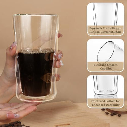 Joeyan Double Walled Insulated Tumbler,15 oz Beer Cocktail Glass Cups Highball Drinking Glasses,Double Lined Borosilicate Smoothie Hot Beverage Tea Coffee Glassware,Set of 2 - color: 15 oz Double Walled Insulated Tumbler