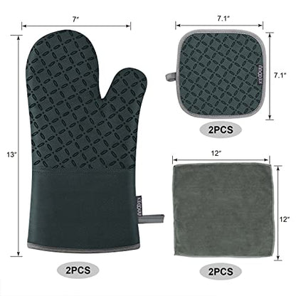 KEGOUU Oven Mitts and Pot Holders 6pcs Set, Kitchen Oven Glove High Heat Resistant 500 Degree Extra Long Oven Mitts and Potholder with Non-Slip Silicone Surface for Cooking (Deep Green) - color: Deep Green
