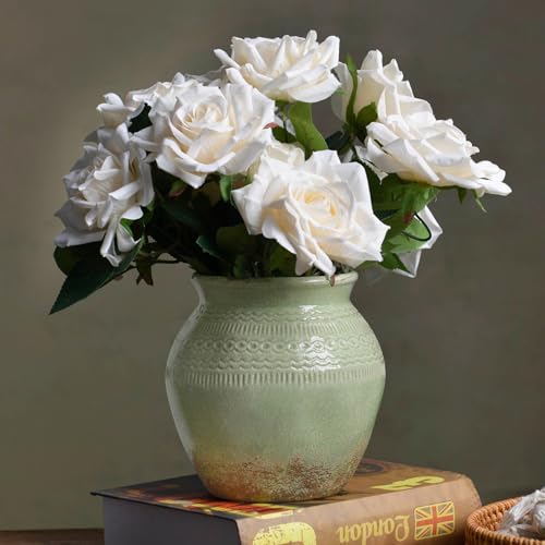 Quoowiit Ceramic Rustic Farmhouse Vase, Green Distressed Flower Vase for Home Decor, Boho Decorative Vases for Centerpiece Table Decorations, Vases for Living Room Kitchen Entryway Mantle Shelf Decor - color: Green