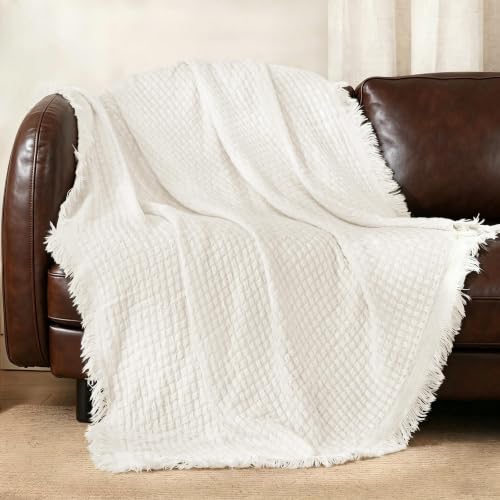 Exclusivo Mezcla Knit Throw Blanket with Fringes for Couch, Ivory | 100% Acrylic Lightweight and Breathable Woven Throw for Summer, Super Soft Decorative Blanket with Tassel for Sofa, 50"x60" - color: Ivory, size: Throw (50"x60")
