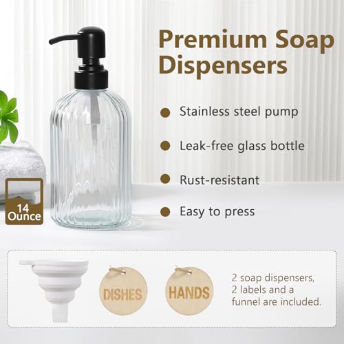 Kitchen Dish Soap Dispenser Set with Tray for Countertop Organizer, Black | 14OZ Glass Bottle with Rustproof 304 Stainless Steel Sponge Holder and Instant Dry Tray, Hand and Dish Soap Dispenser Set - color: Black + Dark Grey + Transparent
