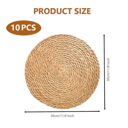 10 Pack 12 Inch Round Wicker Woven Placemats | Natural water hyacinth braided rattan mats, boho farmhouse style for indoor & outdoor table decor - size: 12 Inch Set of 10