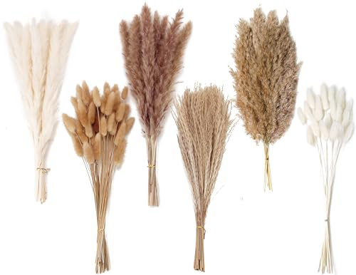 Dried Pampas Grass Decor, 120 PCS Pampas Grass with Bunny Tails Dried Flowers, Reed Grass Bouquet for Wedding, Boho Flowers, Home Table Decor, Rustic Farmhouse Party (White and Brown) - size: 120PCS