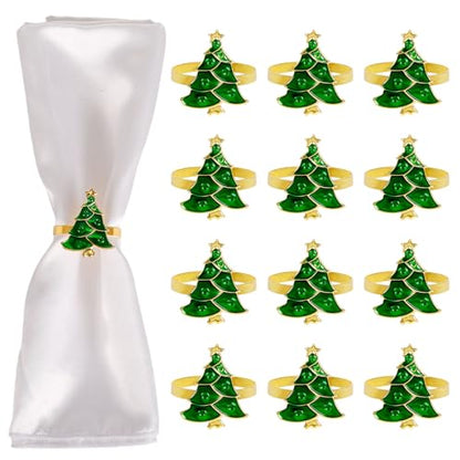 Christmas Tree Napkin Rings Set of 12, Evergreen Xmas Tree Napkin Ring Holders Serviette for Banquet,Dinner Table Decor, Family Dinner, Weddings(Green Xmas Tree) - style: Green Xmas Tree