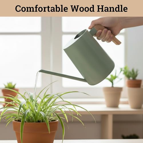 Metal Small Indoor Watering Can with Long Spout & Real Wood Handle, 35oz | Long Spout, Stainless Steel, Real Wood Handle, Gentle Flow, No Spills, Suitable for House Plants, Succulents & Seedlings - color: Sage Green