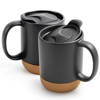 DOWAN Coffee Mugs, 15 oz Upgraded Coffee Mug with Silicone Bottom, Large Ceramic Coffee Mug set of 2 with Spill Proof Lid for Mom Dad, Big Mug for Latte Tea, Matte Grey