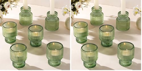 6 Pcs Green Candlestick Holders - Glass Taper Candle Holders Tealight Votive Candle Holders for Table Centerpieces, Wedding, Dinner Party, Home, Gifts (Pack of 2) - color: Green, size: 6Pcs (Pack of 2)
